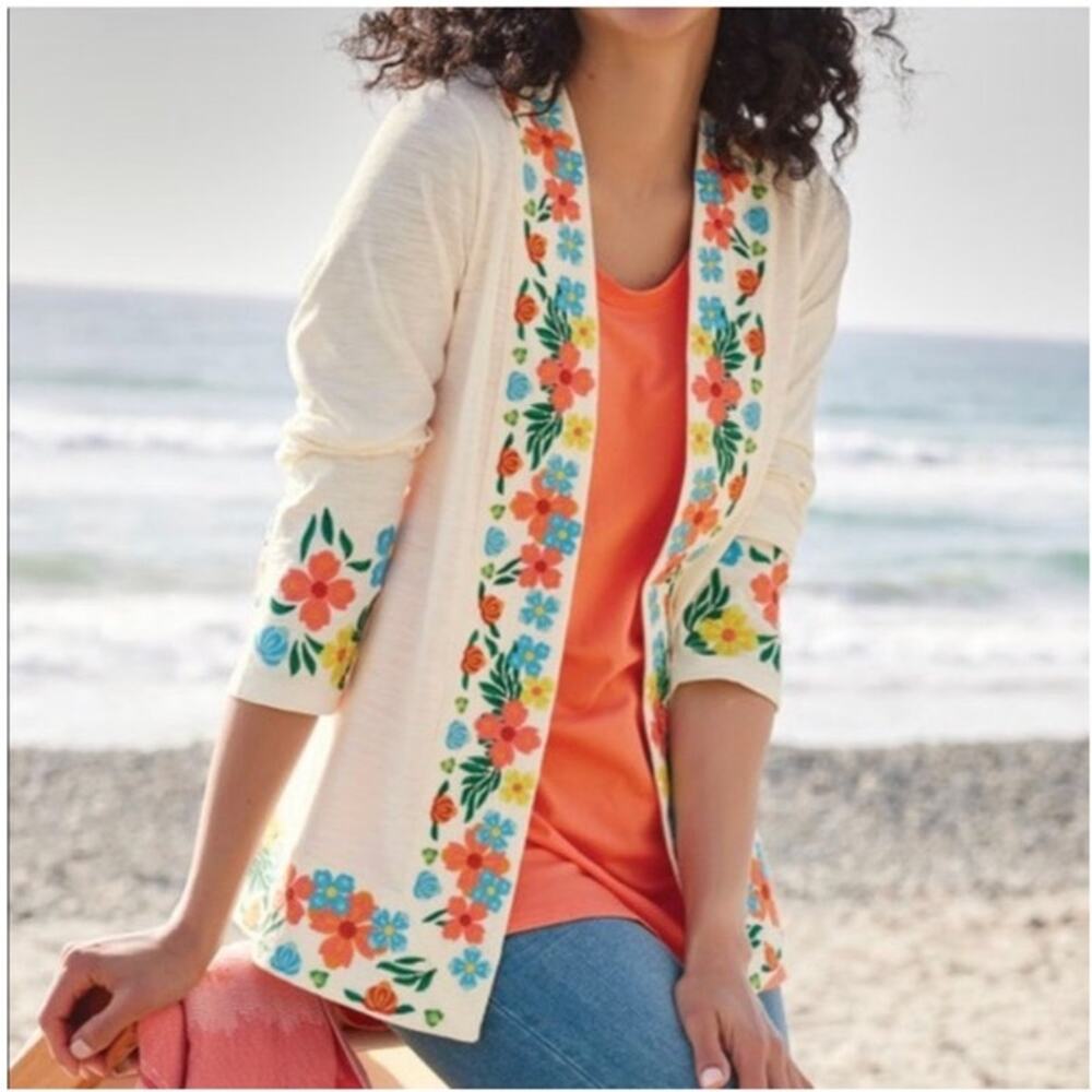 Soft Surroundings Huli Topper Cardigan 1X Embroidered Floral Open Front Cotton